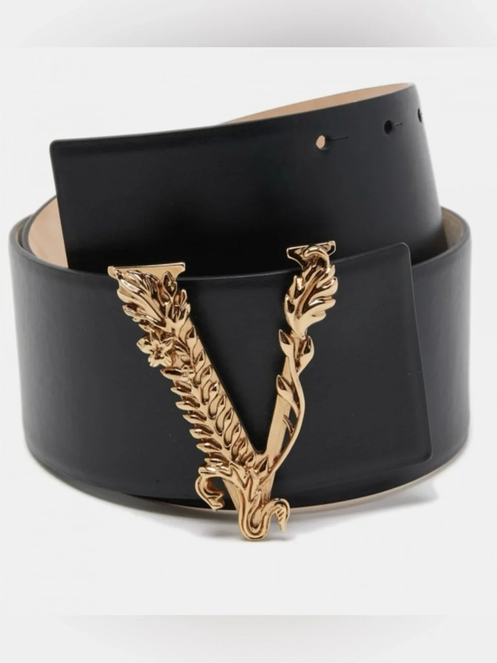 Versace Virtus Black Leather Waist Belt with Gold V Buckle - Picture 3 of 7